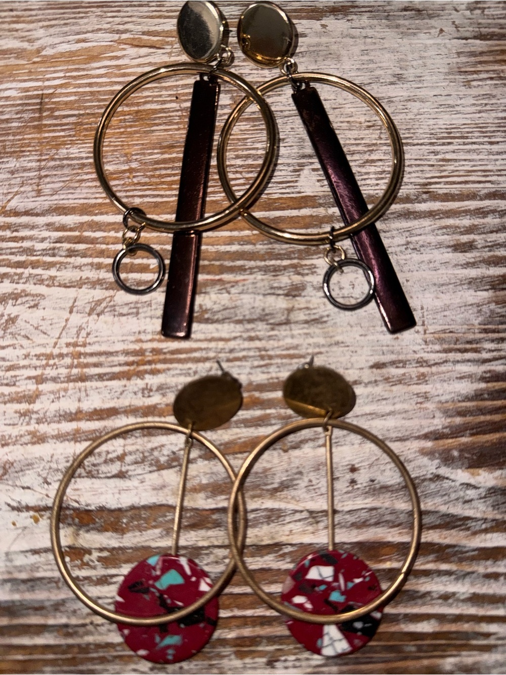Gold Hoop Earrings with Purple Bar and Red Terrazzo Disc - Women Jewelry